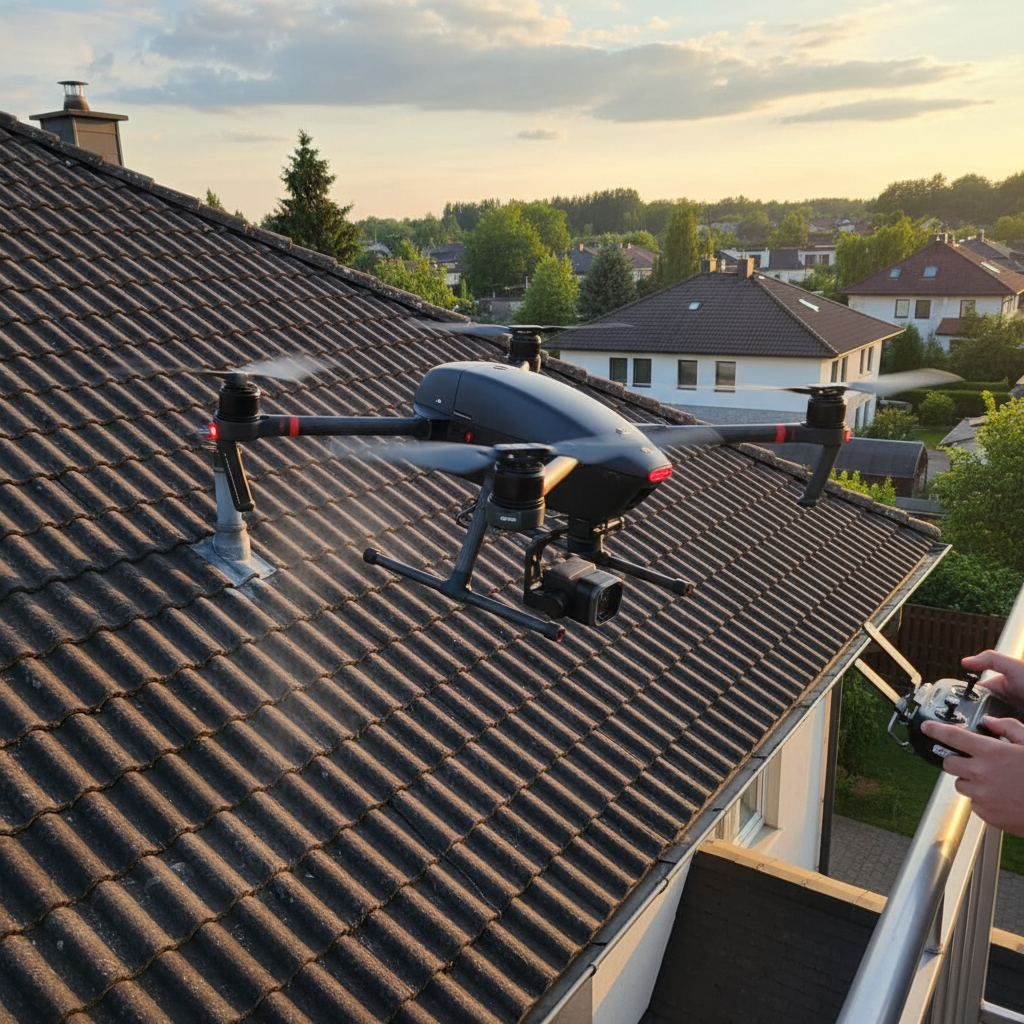 generate image of a drone in action inspecting roof black drone